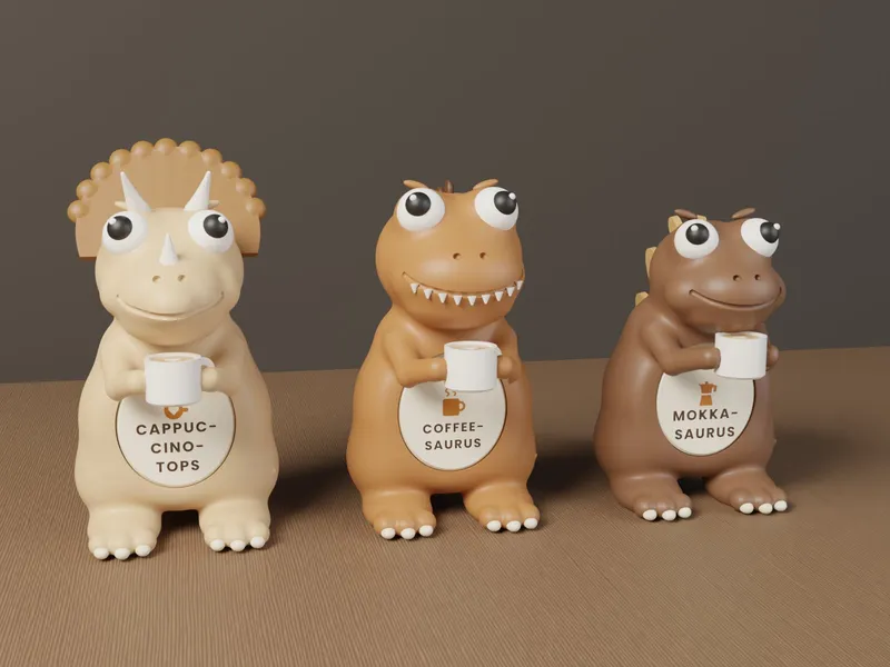TeaRex und drei Kaffee-Saurier als Werbefiguren